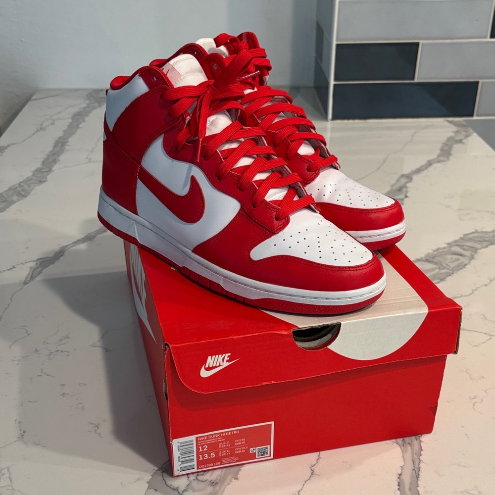 Nike Dunk Hi Retro Red and White - Size 12